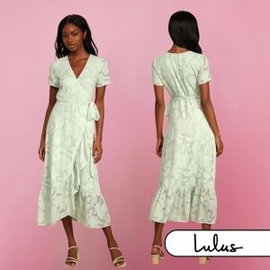 Lulu's Blissfully Sage Green Jacquard Short Sleeve Wrap Midi Dress - Size XL NWT